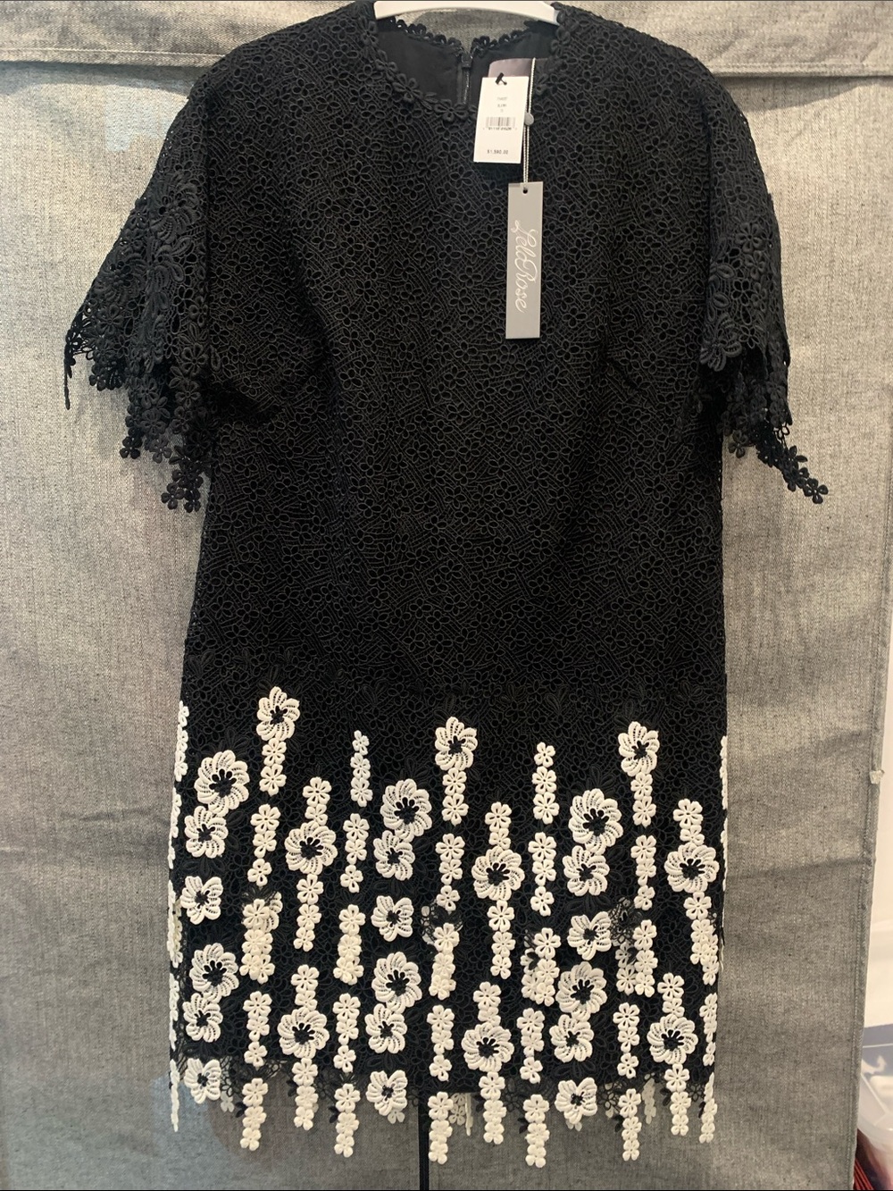 NWT Lela Rose Black Lace Midi Dress with White Floral Hem. Size 10